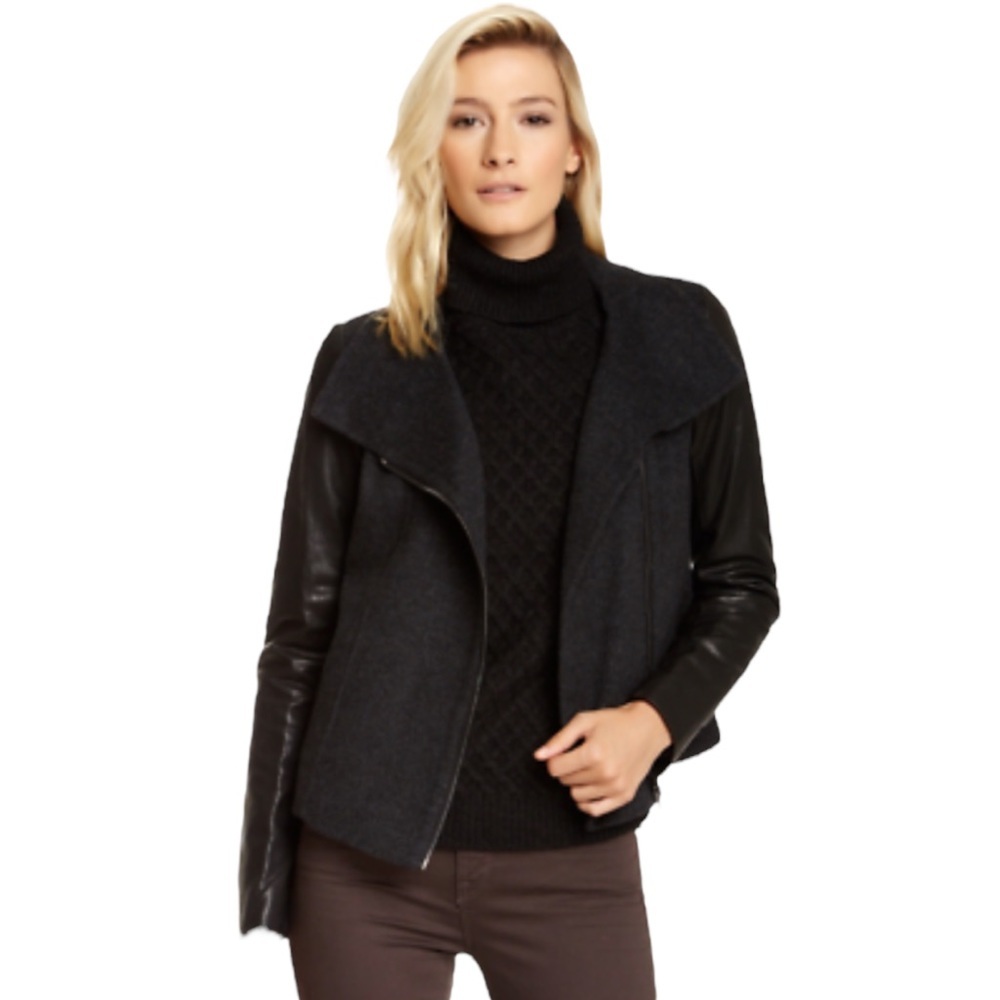 Vince Black Leather Sleeve Mixed-Media Jacket